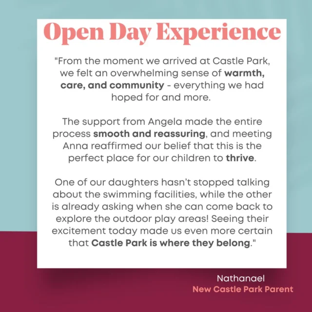 ✨ A Castle Park Open Day Experience ✨

One family shares their experience after visiting our Open Day and enrolling for September:

Want to experience it for yourself? Join us at our next Open Day and discover what makes Castle Park so special!

📅 Open Morning – Friday 4 April 
⏰ 9:00 AM – 11:00 AM

✅ Tour our exceptional school
✅ Meet our passionate teachers
✅ See our unique approach in action
✅ Ask anything – our Admissions Manager is here to help!

🎟️ Spaces are limited – reserve your place now on our website!

📩 Prefer to chat? Email admissions@castleparkschool.ie or call (01) 2803037

🔹 Invest in your child’s future – we can’t wait to welcome you!

#CastleParkSchool #BestSchoolEver #DublinParents #IrishEducation #EarlyYears #PrepSchool  #IndependentSchool #OpenDay #ParentingGoals #FutureLeaders #SmallClassSizes #EducationMatters #BackToSchool #ParentLife #InvestInEducation #ChildDevelopment #SchoolCommunity #LearningThroughPlay