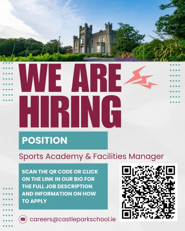 WE'RE HIRING!
Are you passionate about Sports and Facilities Management? We arelooking for a Sports Academy & Facilities Manager to join our team!

📲 To learn more, click the link in our bio or scan the QR code in the image.

Follow @castleparkswim to stay connected.

#HiringNow #SportsJobs #JoinOurTeam #SportsAcademy #FacilitiesManager #CastleParkSchool #Dalkey #LeisureManagement